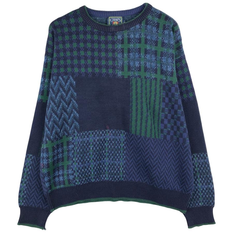 古着 90年代 ラルフローレン Ralph Lauren CHAPS チャップス チェック柄 総柄 コットンニットセーター USA製 メンズL相当 ヴィンテージ/eaa599619 古着 90年代 ラルフローレン CHAPS チャップス チェック柄 総柄