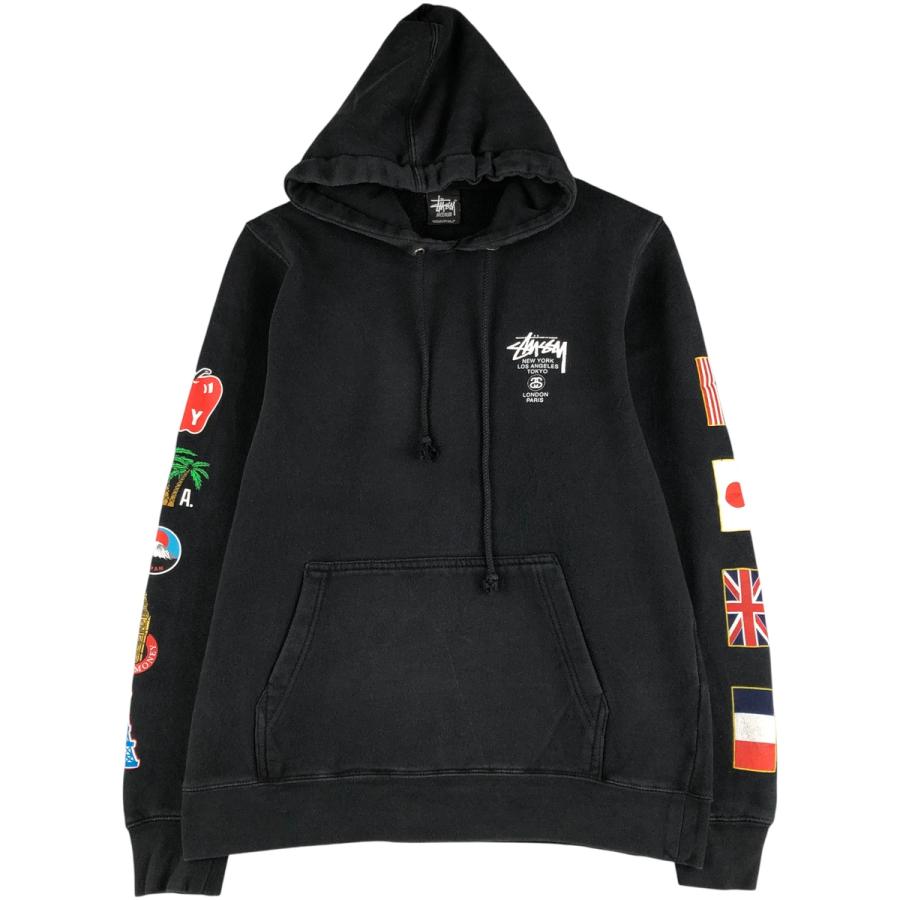 希少メキシコ製 STUSSY ワールドツアー パーカー ブラック 国旗柄 L 黒 STUSSY（ステューシー） 古着 国旗柄 スウェットプルオーバーパーカー