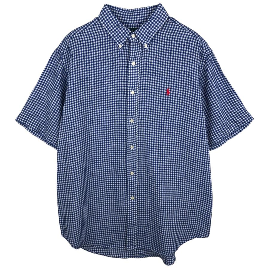 美品 ラルフローレン リネン100％ ワンポイントロゴ BD半袖シャツ XL
