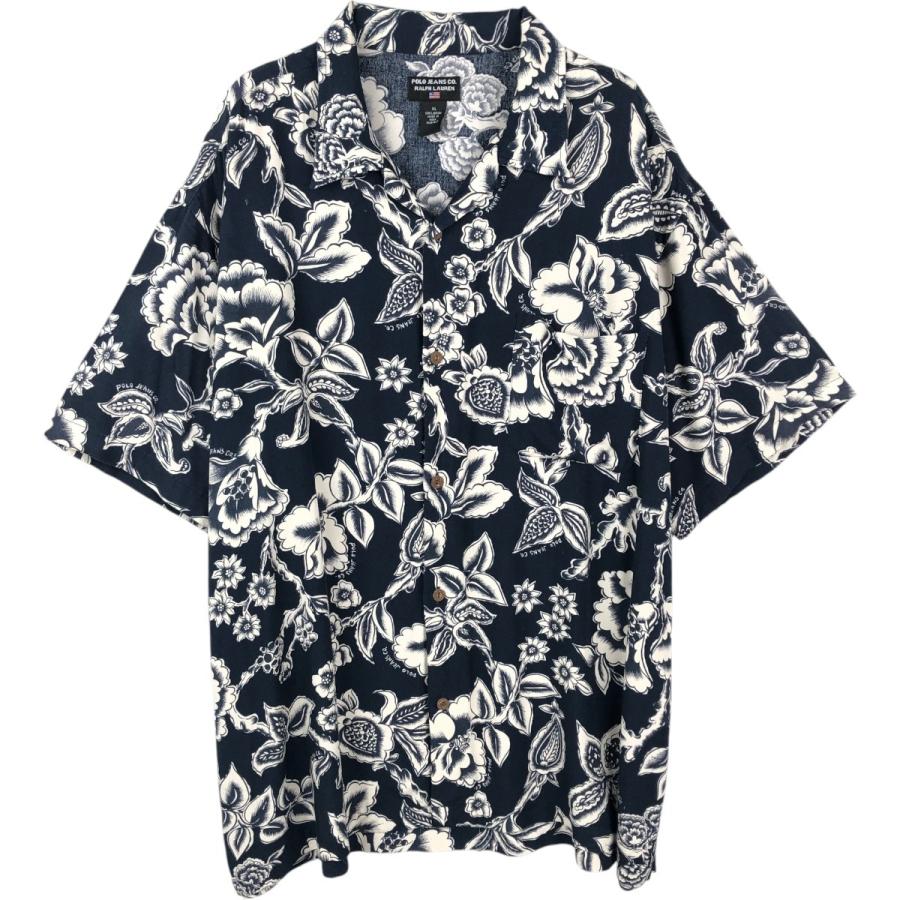 USA製 ラルフローレン 柄シャツ ハワイアンシャツ 和柄 レーヨン ネイビー ラルフローレン POLO JEANS COMPANY 総柄 花柄 オープンカラー