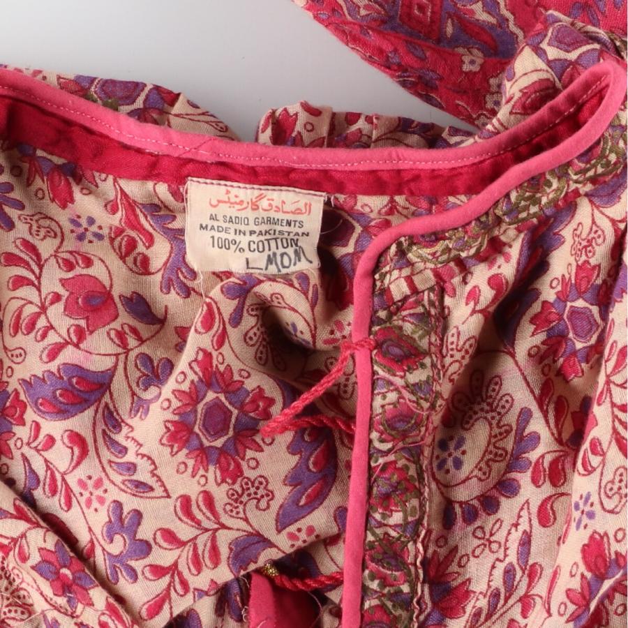 古着 ゴールドスタンプ マキシ丈 長袖 タイト インド綿 ワンピース  