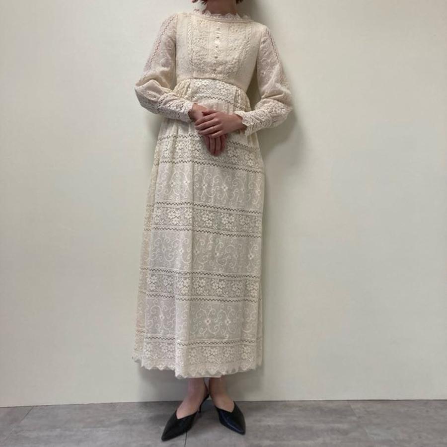 古着 70年代 Emma Domb ウエディングドレス 総レース マキシ丈 長袖 