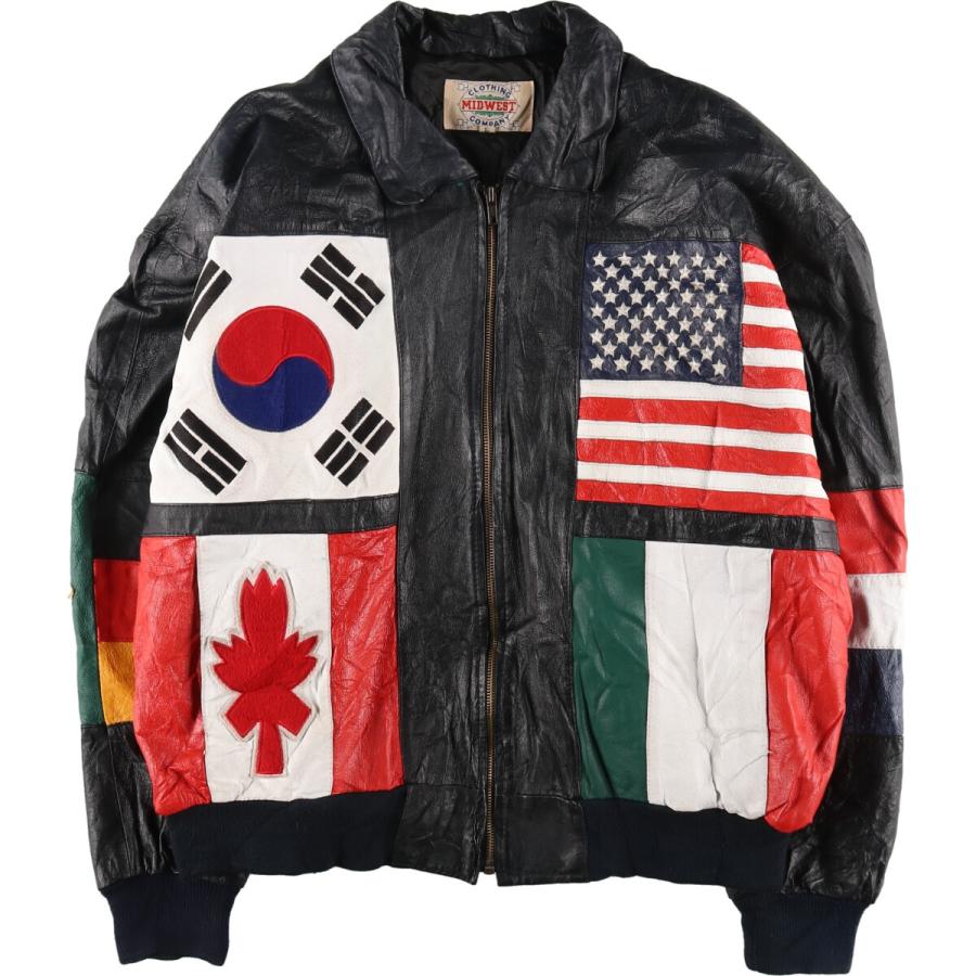 古着 MID WEST 国旗柄 レザーブルゾンタイプ メンズL相当