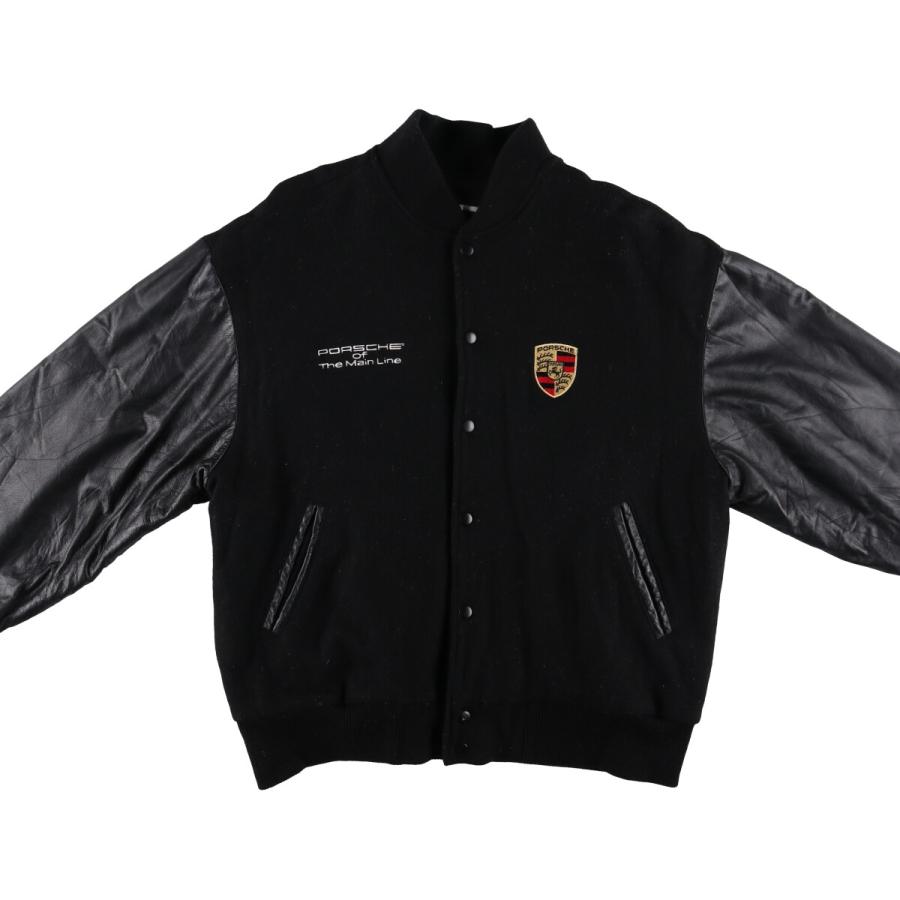 古着 90年代 PORSCHE ポルシェ バック刺繍 袖革ウールボタンスタジャン バーシティジャケット USA製 メンズL相当 ヴィンテージ /evb009097