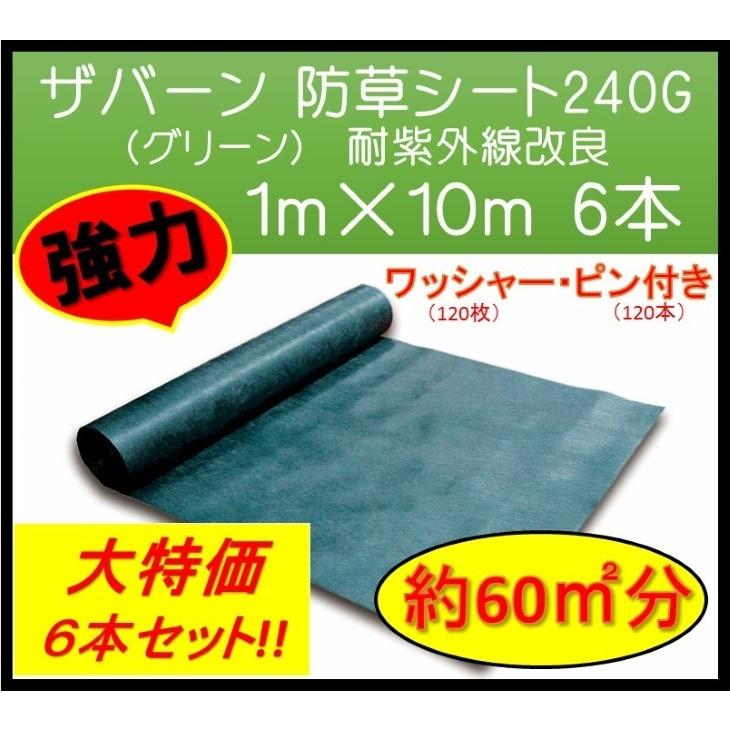 ザバーン　デュポン社　防草シート　耐紫外線改良タイプ　ピン120個　6本　1ｍ×10ｍ　XA-240G1×10PW　ワッシャー　120個　240G　グリーン