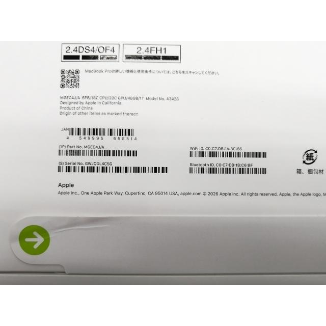 【未使用】Apple MacBook Pro 16インチ M5 Pro(CPU:18C/GPU:20C) 48GB/1TB スペースブラック MGEC4J/A (16インチ,M5 Pro)【ECセンター】保証期間３ヶ月 |  | 03