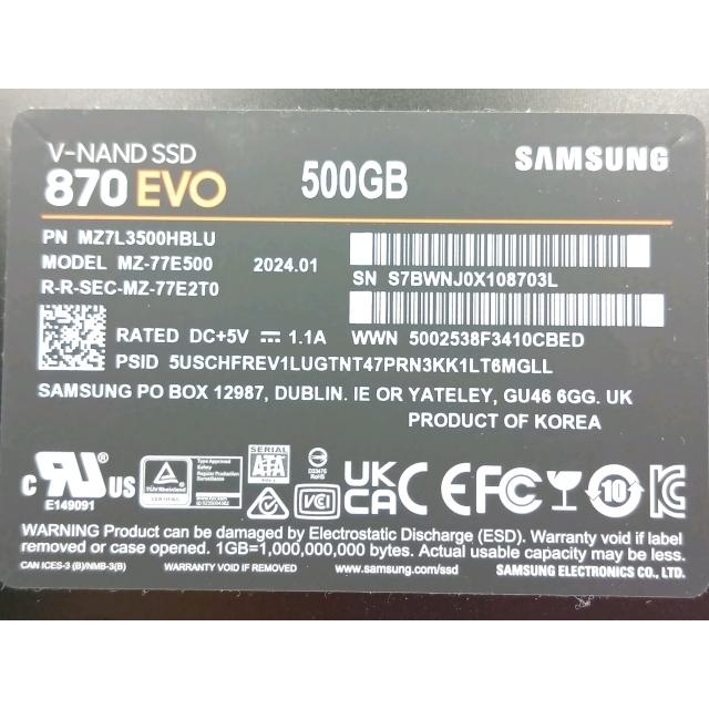 Samsung SSD 870 EVO MZ-77E500B/IT 未使用未開封 中古】SAMSUNG 870 EVO（MZ-77E500B/IT） 500GB/SSD/6GbpsSATA/TLC【EC