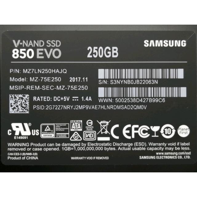 中古】SAMSUNG 850 EVO MZ-75E250 250GB/SSD/6GbpsSATA/2014年12月/3D