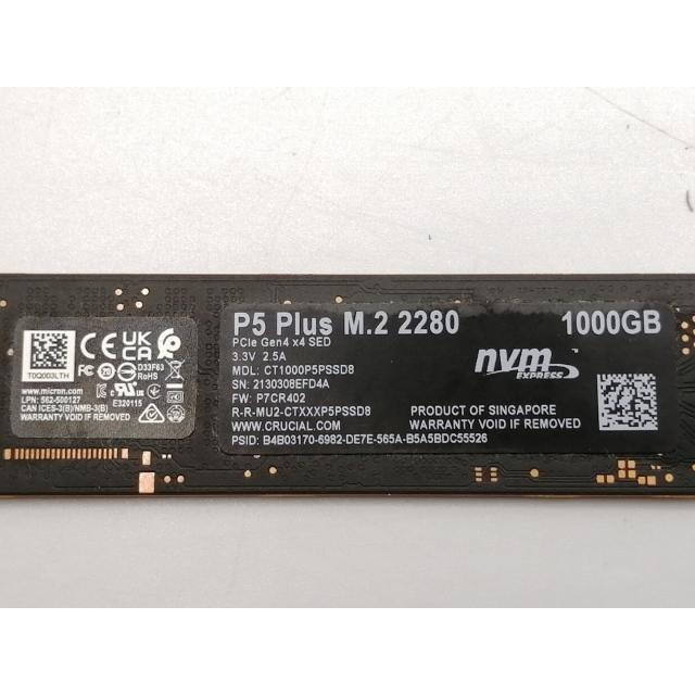 中古】Crucial P5 Plus（CT1000P5PSSD8) 1TB/M.2 2280(PCIe4.0 NVMe