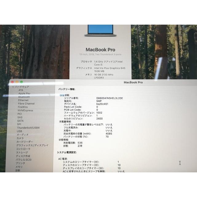 【中古】Apple MacBook Pro 13インチ(wTB) CTO (Mid 2019) スペースグレイ Core i5(1.4G)/16G/256G(SSD)/Iris Plus 645【秋葉2号】保証期間１ヶ月【ランクC】の画像