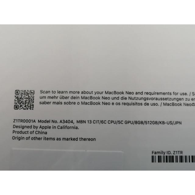 未使用】Apple MacBook Neo 13インチ CTO A18 Pro(CPU:6C/GPU:5C) 8GB