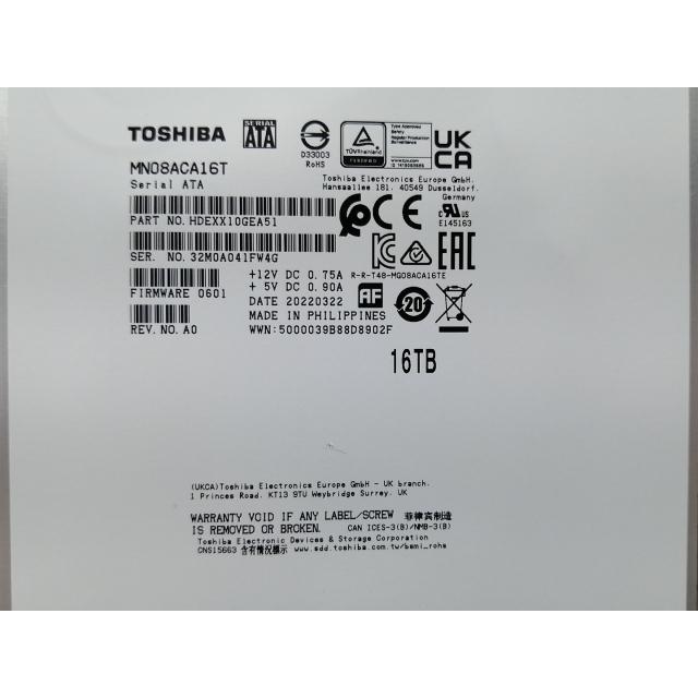 中古】TOSHIBA MN08ACA16T 16TB/7200rpm/512MB/6Gbps【秋葉2号】保証