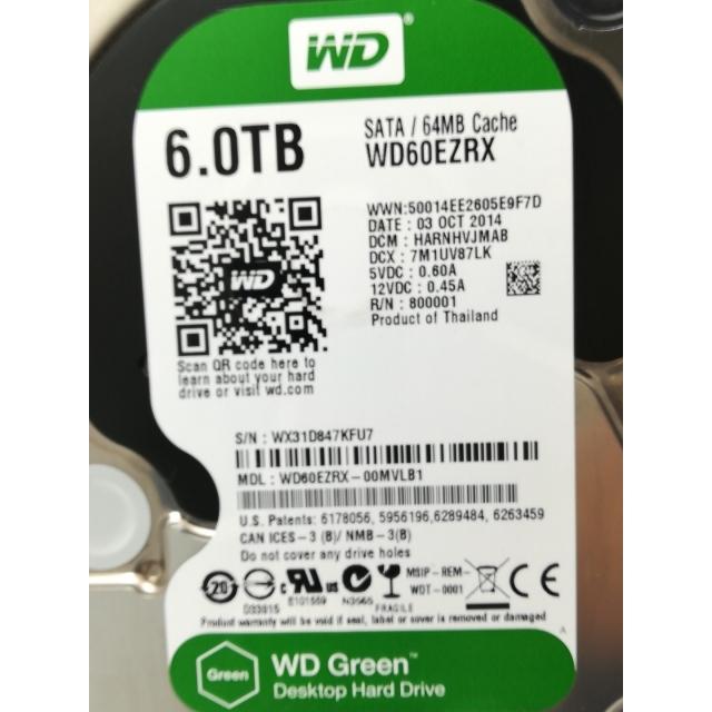 中古】W.D. WD60EZRX WD Green 6TB/回転数可変/64MB/6Gbps【秋葉4号