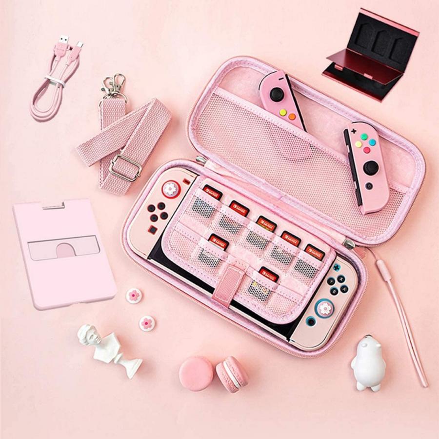 Nintendo Switch 専用 外出 3in1 収納ケース セット 収納ケース+スタンド+ガラスフィルム×2 大容量 防塵 防水 耐衝撃 小物収納可 持ち運び便利 3in1 ピンク |  | 02