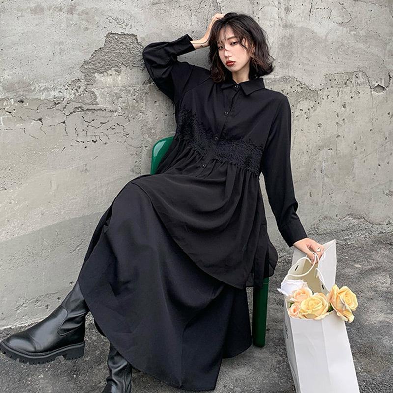 クラシカ ロングシャツ シャツワンピース ビッグシルエット 長袖 2 黒 ロングワンピース モード系 レディース 大きいサイズ ビッグシルエット