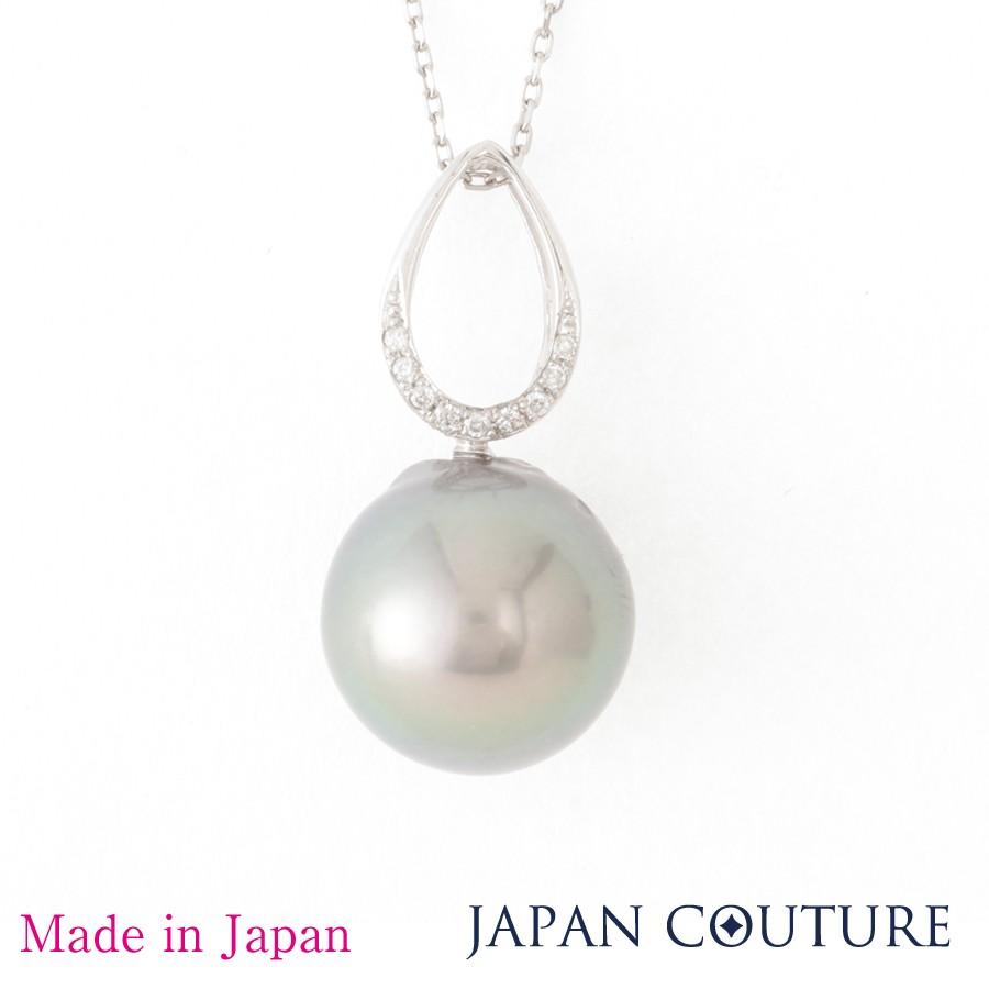 Pt900 13mm珠 黒蝶真珠ペンダントネックレス 0.05ct ダイヤ付き 