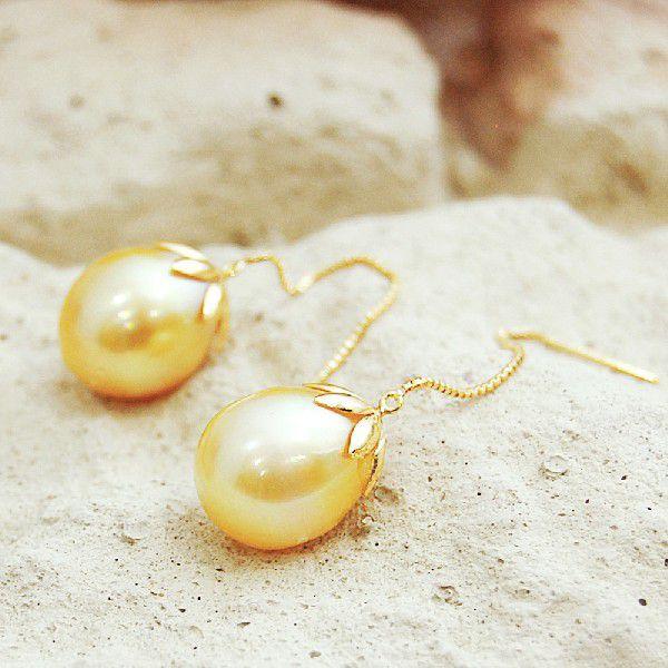 18金 K18 南洋真珠 ゴールデンカラー パールピアス セミバロック セミ