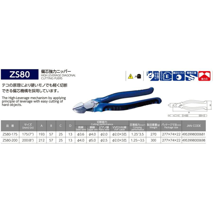 VICTOR 〈ビクター〉ビクタープラス 偏芯強力ニッパ(両刃） ZS80-175