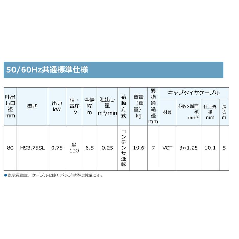 ツルミポンプ 〈ツルミ〉水中ハイスピンポンプ HS3.75SL(非自動型 50Hz