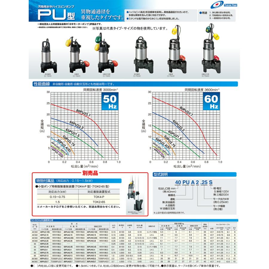 ツルミポンプ 〈ツルミ〉汚物用水中ハイスピンポンプ(非自動型 ツルミポンプ 〈ツルミ〉汚物用水中ハイスピンポンプ(非自動型