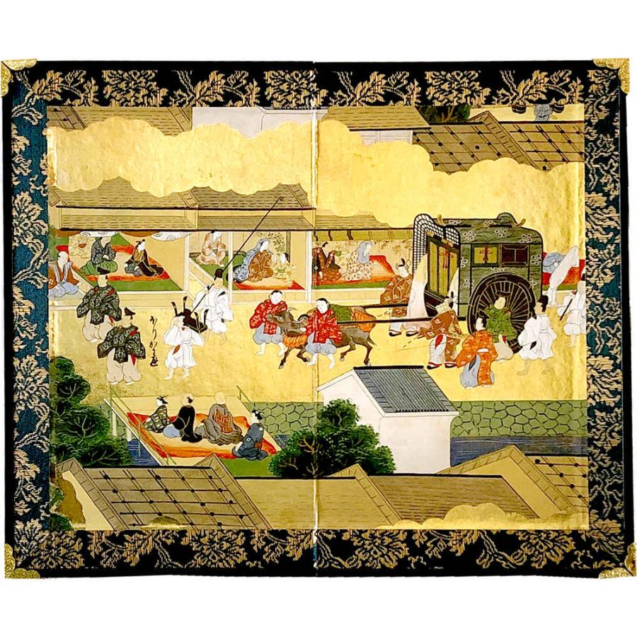 ミニ屏風 ミニ屏風 御所車 日本の名画屏風中 二曲一双屏風 和風インテリア屏風