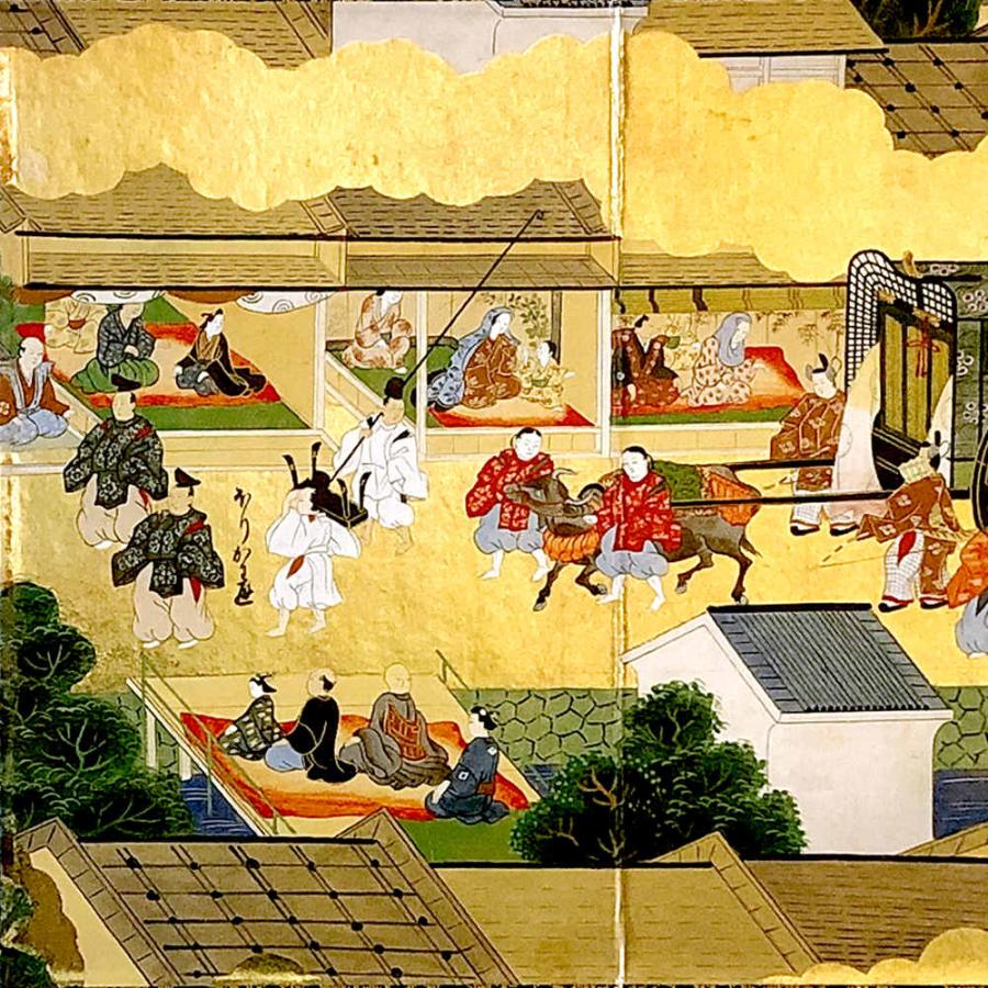 ミニ屏風 御所車 日本の名画屏風中 二曲一双屏風 和風インテリア屏風