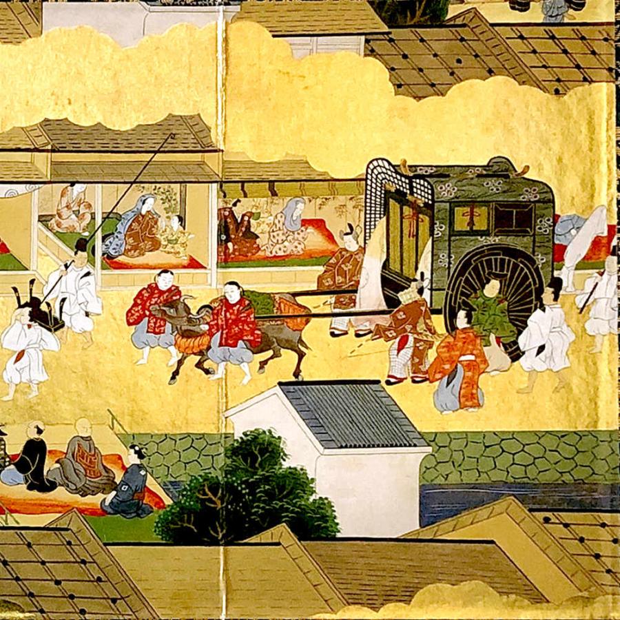 ミニ屏風 御所車 日本の名画屏風中 二曲一双屏風 和風インテリア屏風