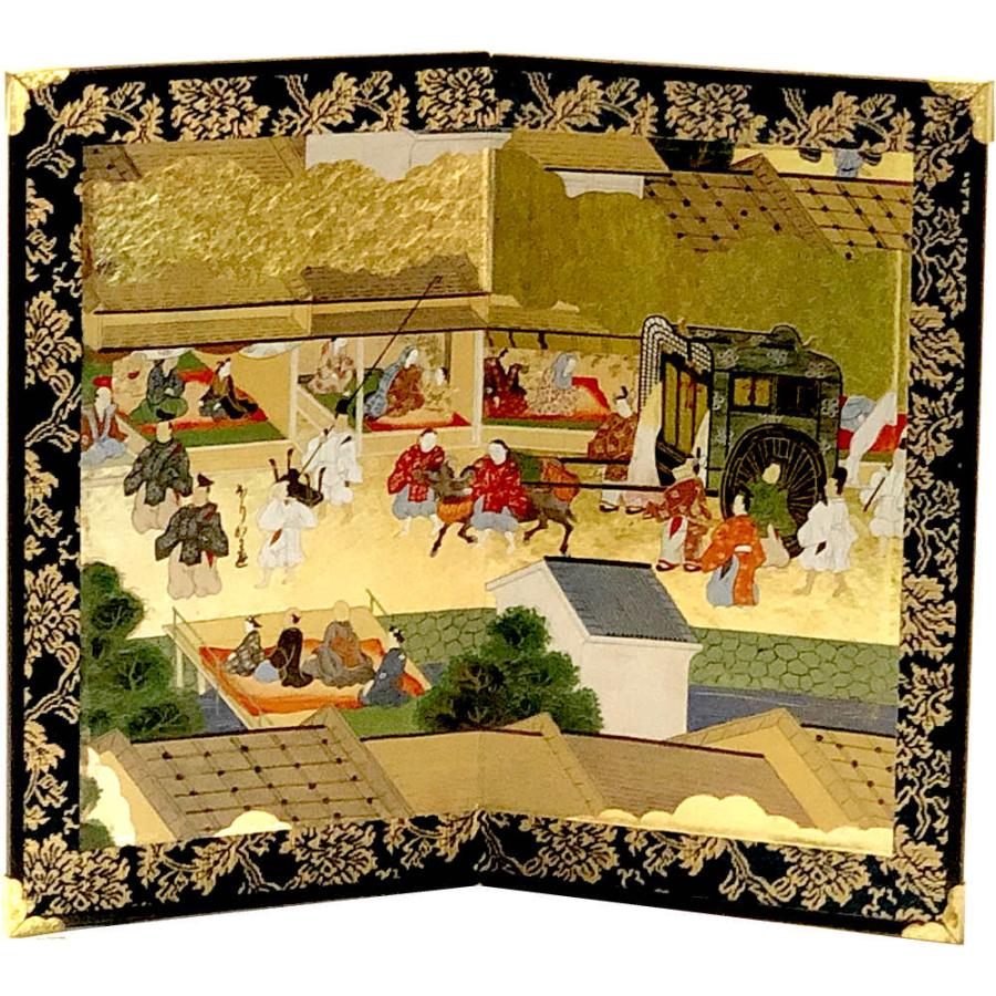 ミニ屏風 御所車 日本の名画屏風中 二曲一双屏風 和風インテリア屏風