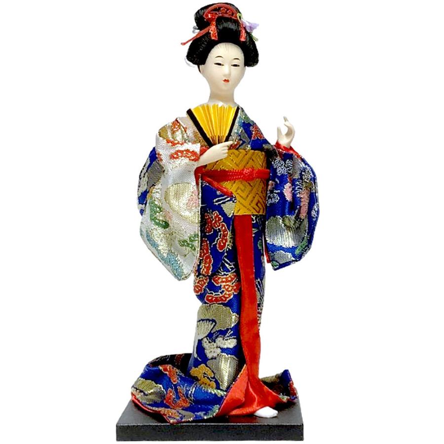 日本人形 扇子 美人 青い着物 9インチ 約24cm 人形 日本のおみやげ