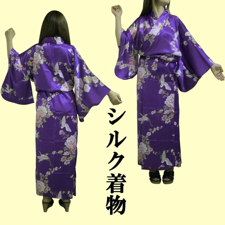 外国人向けシルク着物　鶴　紫