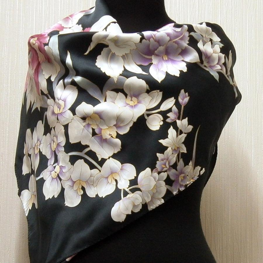 和風シルクスカーフ 蘭 黒 日本製 絹製品 シルク100％ 和風 日本のお