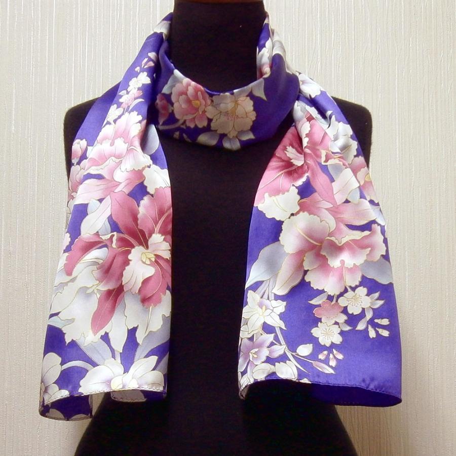 和風シルクストール(ロングスカーフ) 蘭 紫 日本製 絹製品 シルク100％ 和風 日本のお土産 外国へのお土産  送料無料｜japan