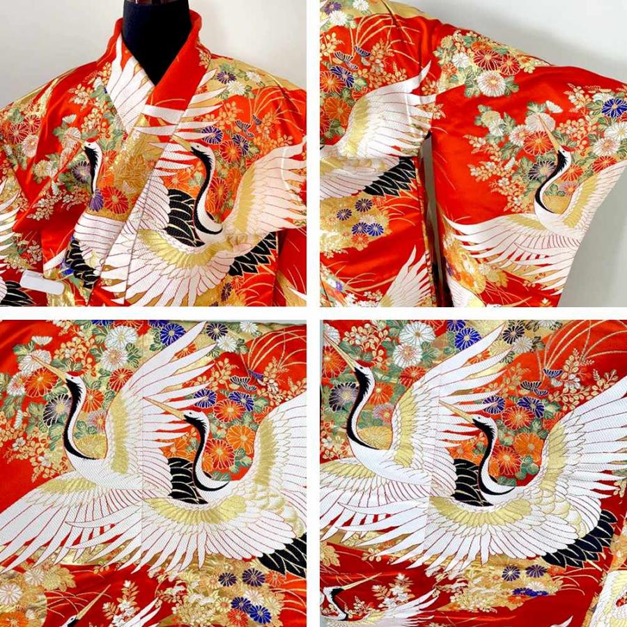 打掛 婚礼衣装 花嫁衣裳 色打掛 花と鶴の楽園 正絹 刺繍 鶴 良品