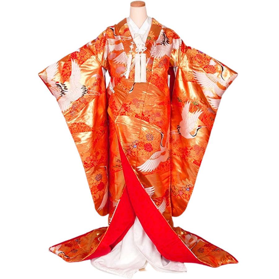 打掛 婚礼衣装 花嫁衣裳 色打掛 幸せ鶴の舞 金赤 : 日本のおみやげ専門 