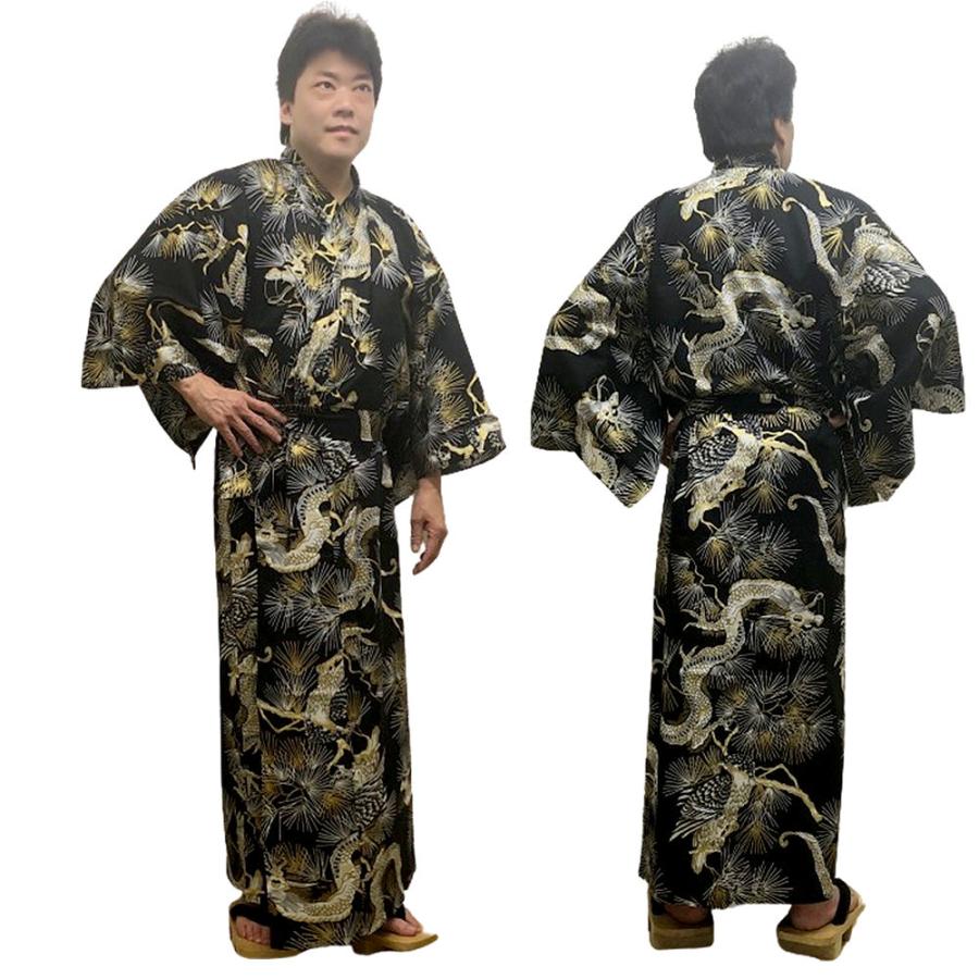 男浴衣 竜 ドラゴン 黒 M 58インチ綿着物 日本製 外国人向け着物 浴衣
