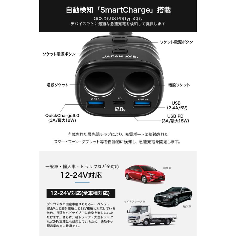 Quick Charge 3.0 カーチャージャー 増設 シガーソケット 2連 急速 type-c USB PD 延長 車載 車 充電器｜japanave-y-shop｜07