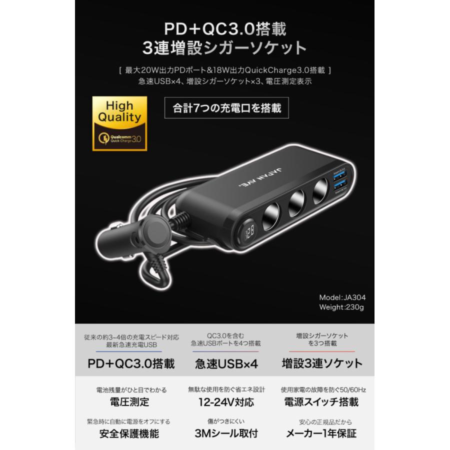 PD Quick charge 3.0 搭載 増設 シガーソケット 3連 カーチャージャー 充電 バッテリー 急速充電 拡張USB スマートフォン 分配器 充電器 自動電圧測定 JA304｜japanave-y-shop｜03