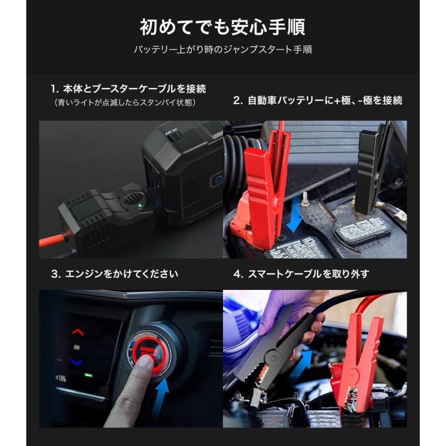 ジャンプスターター 12V 車用 エンジンスターター 大容量 バッテリー 23800mAh ピーク電流2500A QuickCharge3.0 USB Qi 車 モバイルバッテリー バッテリー上がり｜japanave-y-shop｜08