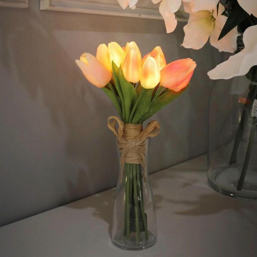 チューリップ 花束 造花 コードレス LEDライト 10本セット ピンク