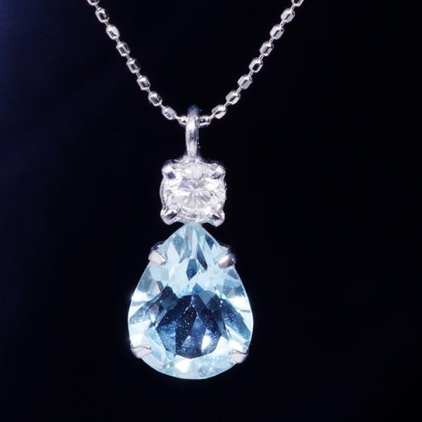 PT 0.8ct アクアマリンペンダント ネックレス ペアシェイプ ダイヤ 0.1