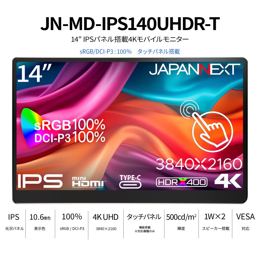 JAPANNEXT 13.3インチ モバイルモニター IPS パネル 4K JAPANNEXT 13.3インチ IPSパネル搭載 4K(3840x2160)解像度 モバイル