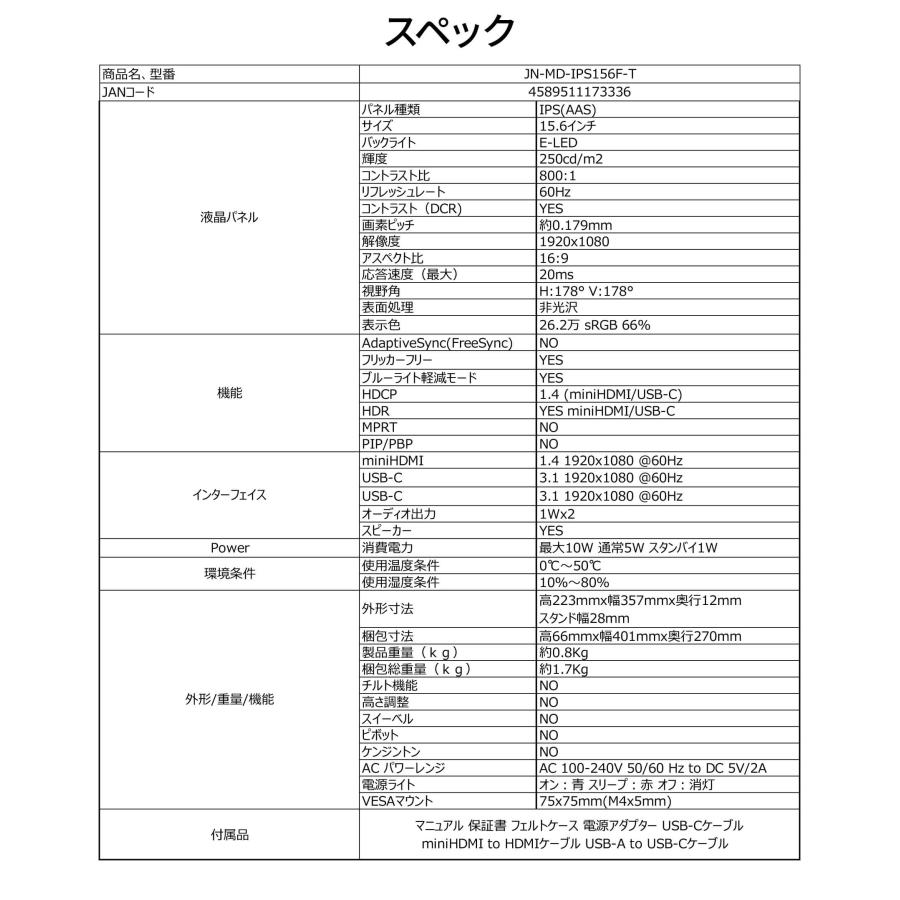 JAPANNEXT 15.6インチ IPSパネル搭載 10点マルチタッチ対応 フルHD(1920x1080)解像度 モバイルモニター JN-MD-IPS156F-T miniHDMI USB-C 【2年保証】 | JAPANNEXT | 17