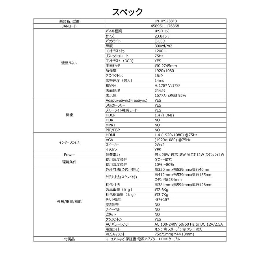 JAPANNEXT 23.8インチ IPSパネル搭載 フルHD(1920×1080)解像度 液晶モニター JN-IPS238F3 HDMI VGA【2年保証】 ジャパンネクスト | JAPANNEXT | 17