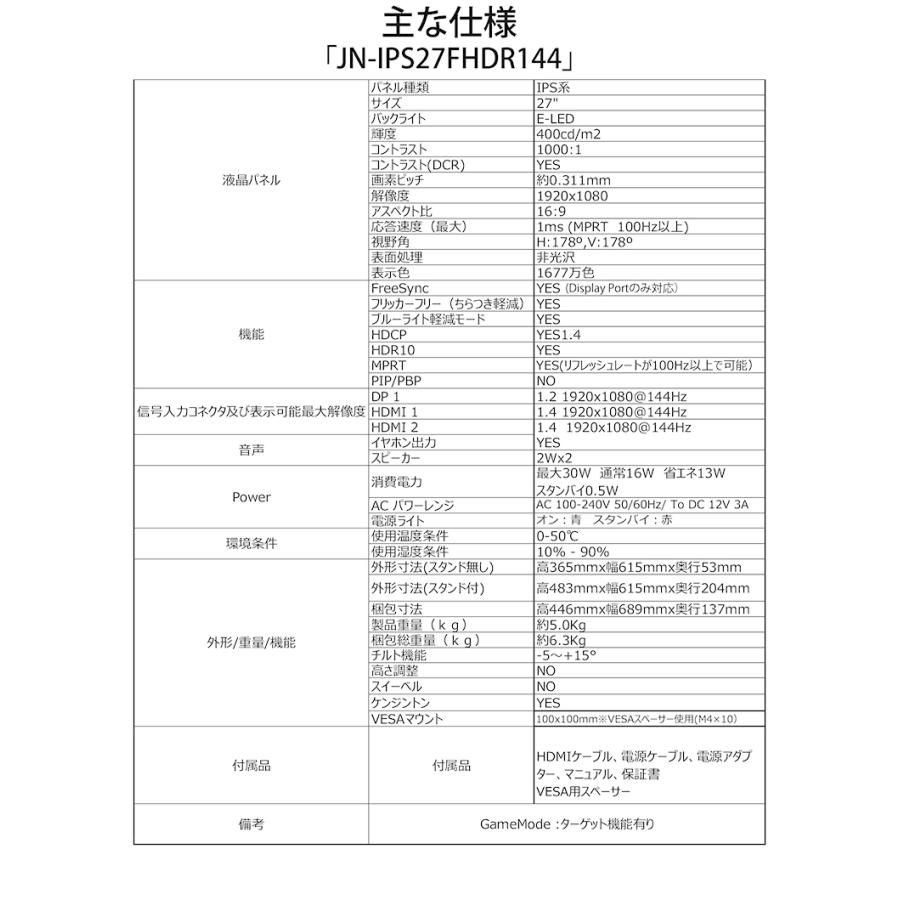 JAPANNEXT ゲーミングモニター 27インチ IPSパネル フルHD ワイド  144Hz PC ゲーム HDMI DP ノングレア 高画質 薄型 JN-IPS27FHDR144 ジャパンネクスト｜japannext｜19