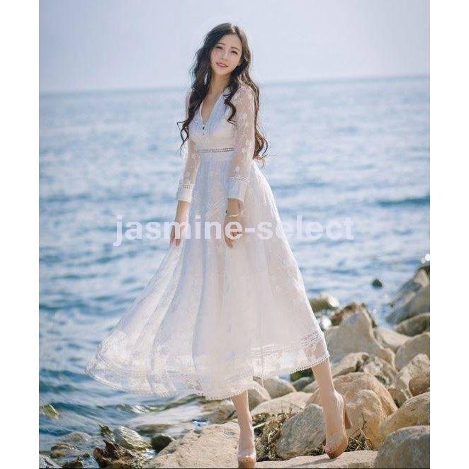 驚きの値段 7分袖 フレアドレス マキシ丈 ラグジュアリーレースのロングワンピース 白ワンピース 大きいサイズ 長袖 ハイウエスト レースワンピ マキシワンピ ワンピース サイズ L Www We Job Com