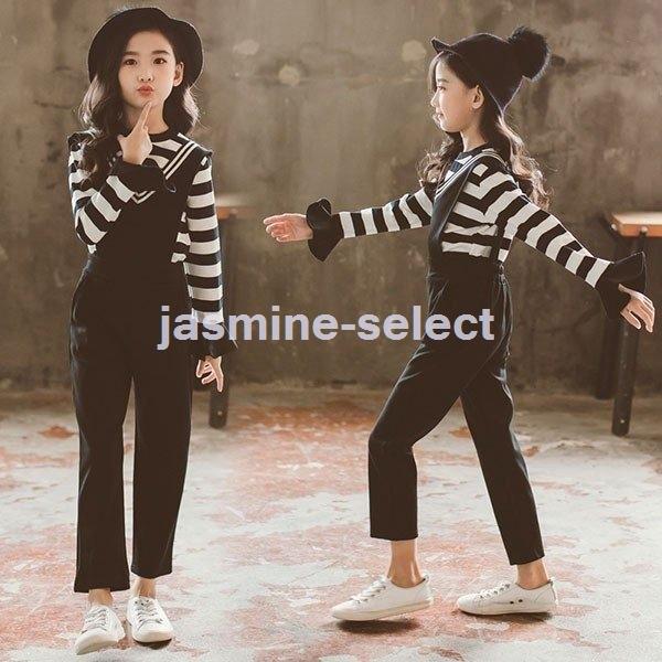 子供服 女の子 おしゃれ セットアップ キッズ Tシャツ 長袖 春秋 秋服 上下セット 韓国 ストライプ サロペット 長ズボン お出かけ 通学着 魅了