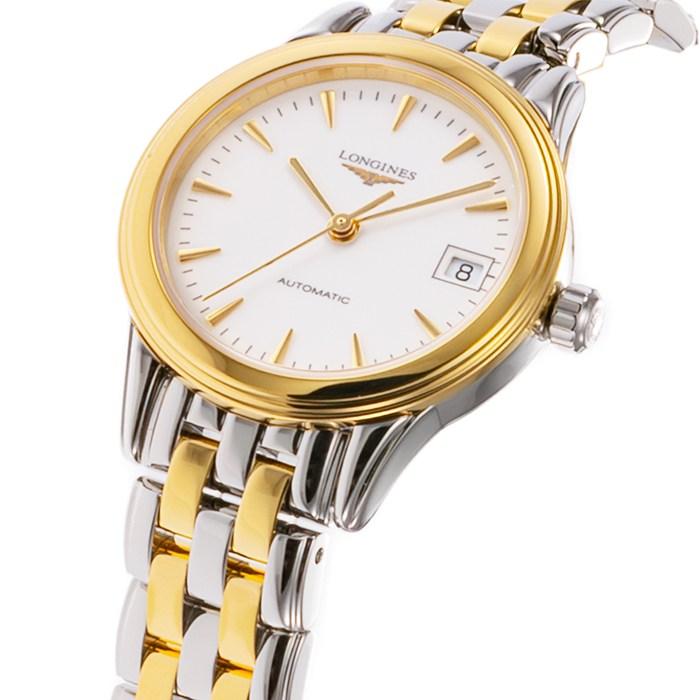ロンジン Longines 腕時計 フラッグシップ L4.274.3.22.7 デイト 裏スケ バーインデックス ホワイト文字盤 イエローゴールドPVの画像