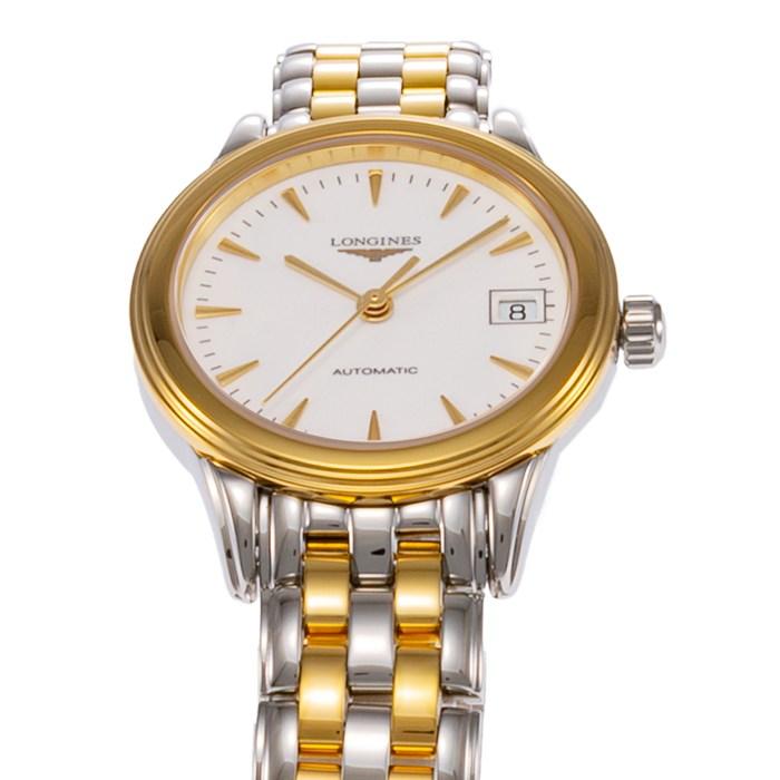 ロンジン Longines 腕時計 フラッグシップ L4.274.3.22.7 デイト 裏スケ バーインデックス ホワイト文字盤 イエローゴールドPVの画像