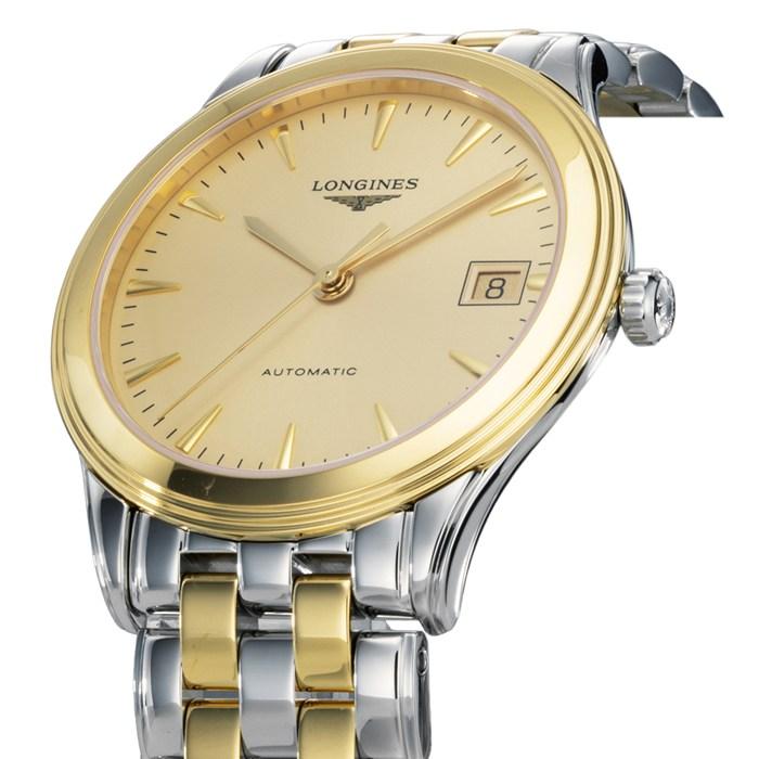 ロンジン Longines 腕時計 フラッグシップ L4.774.3.32.7 デイト 裏スケ バーインデックス ゴールド文字盤 イエローゴールドPVの画像