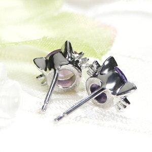 ピアス レディース アメシスト 10金 ホワイトゴールド ねこモチーフ 天然石 2月 誕生石 CAE-0055の画像